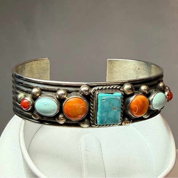 A. Jake Navajo Bracelet Turquoise & Coral Stone Sterling Silver Bracelet 7” NWOT - Picture 2 of 11
